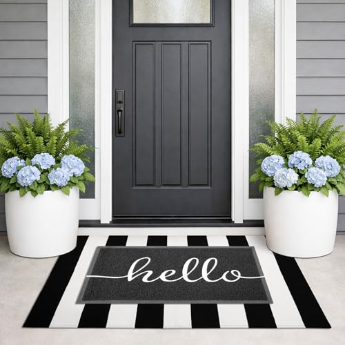 KILOCOCO Black and White Striped Rug 2.3'x3.6' Indoor Outdoor Rugs Front Door Mat Hand Woven Cotton Washable Striped Layered Doormats for Front Porch/Kitchen/Farmhouse/Entryway/Patio - color: Black and White Stripe, size: 2'4" x 3'7" (Rectangular)