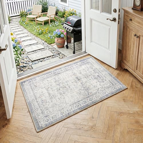 FMFUNCTEX Entryway Rug 2x3 Blue Washable Neutral Vintage Distressed Oriental Door Mat Non Slip Low Pile Indoor Carpet Soft Retro Small Throw Area Rugs for Entry Entrance Bedroom Kitchen Bathroom - color: Blue, size: 2' x 3' (Rectangular)