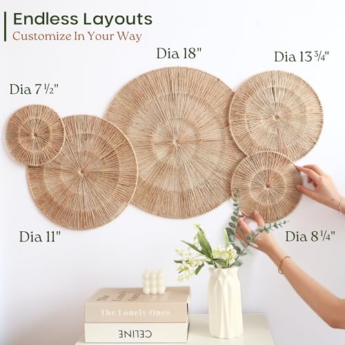 CHI AN HOME 18 Inch Boho Wall Decor – Set of 5 Woven Jute Wall Baskets, Boho Wall Art & Decorative Basket Set, Farmhouse Wall Hanging, Handwoven Wall Plates for Living Room, Bedroom – 18", 14", 11", 8", 7" - size: Set of 5 - Large