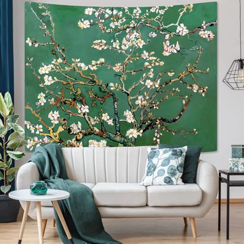 Yeoiat Van Gogh Tapestry Almond Blossom Floral Wall Tapestry, Tree Tapestries for Bedroom Art Tapestries Wall Hanging for Bedroom Living Room 60"x80" - color: Green White, size: 80"L x 60"W