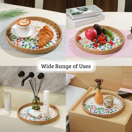 Round Rattan Tray with Mother of Pearl Inlay, Decorative Wicker Serving Tray with Wooden Base, Woven Basket Trays for Bread Fruits Coffee - color: Seabed