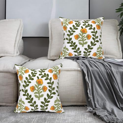 Alysheer Floral Embroidered Summer Decorative Throw Pillow Covers 18"x 18" Set of 2, Farmhouse Cottage Orange Flowers Green Leaves Knit Patterned Cotton Canvas Cushion Case for Couch Bed Living Room - color: Orange Green, size: 18" x 18" (Pack of 2)