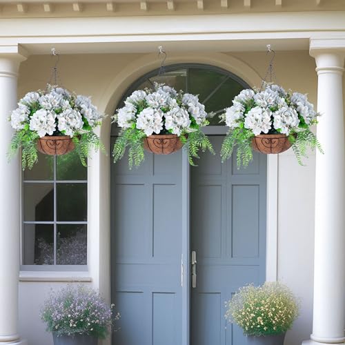 Ammyoo Artificial Flowers in Hanging Basket Planter for Home Spring Summer Decoration, Silk Hydrangea Outdoor Indoor Arrangements, 12" Metal Coconut Lining Basket with Faux Plant(Light Green) - color: Z-light Green With Basket