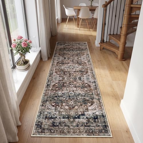 GarveeHome Washable Rug Runner 2x6 Vintage Runners for Hallways Non Slip Low Pile Long Rugs Stain Resistant Kitchen Rug Floral Soft Kitchen Rugs Carpet for Laundry Entryway Bedroom Brown - color: Brown, size: 2' x 6' (Rectangular)