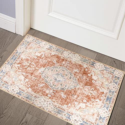 MUJOO 2'x3' Rugs Machine Washable Area Rugs for Entryway Boho Rug for Bathroom Kitchen Non Slip Carpet Abstract Soft Low-Pile Orange Navy Blue Area Rug Floral - color: Orange, size: 2' x 3' (Rectangular)