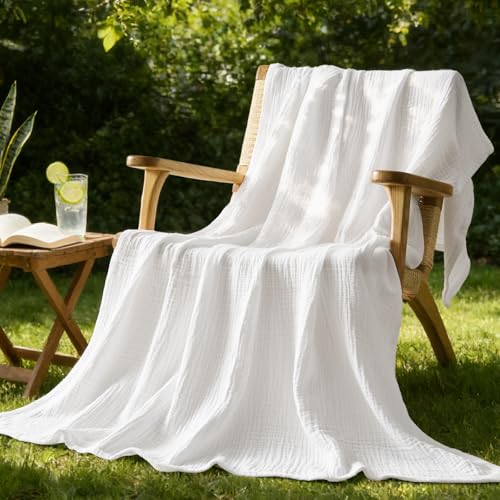 BEDELITE 100% Cotton Muslin Blankets for Adults - 4-Layer Large Throw Breathable and Lightweight Gauze Blanket for Couch, Bed, Travel and Summer, Soft & Cozy Gift for Women, White, 50"x70" - color: White, size: Throw XL(50"x70")