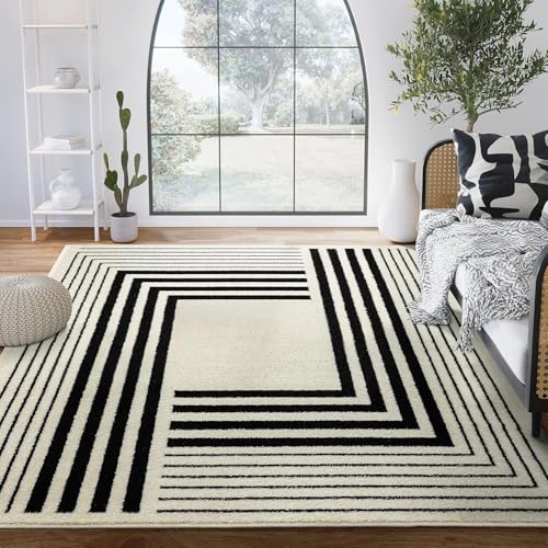 Abani Geometric Beige/Black Area Rug -5'3" x 7'6"- Modern 3D Lines Design - Deco Collection - Easy to Clean - Durable for High Traffic Areas -Living Room, Dining Room - Medium Pile - color: Geometric, size: 5' x 8' (Rectangular)