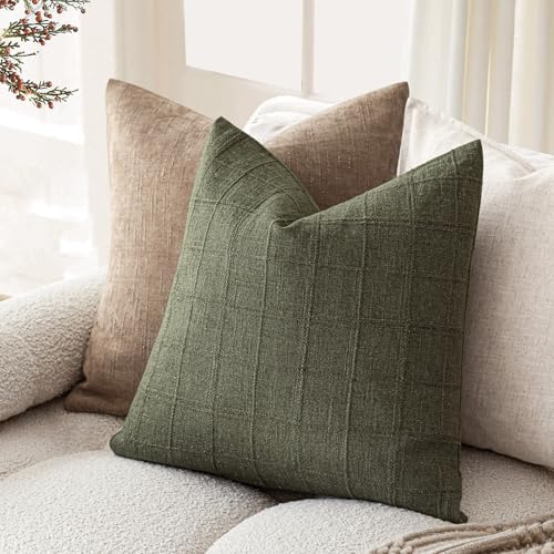 Foindtower Set of 1 Decorative Linen Check Throw Pillow Cover Neutral Farmhouse Vintage Cushion Cover Modern Boho Home Decor for Sofa Chair Couch Bedroom Living Room Outdoor,16×16 Inch,Olive Green - color: Capulet Olive, size: 16" x 16" (Pack of 1)