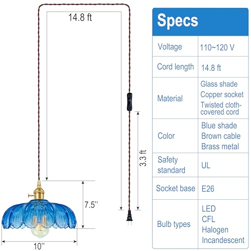 Plug-in Pendant Light Fixture, Hanging Light Fixture, Glass Pendant Light, Swag Lamp with Inline On/Off Switch for Kitchen Island, Bedroom, Dining Room, Living Room (Blue, 15 Ft Cord) - color: Blue, size: 15 ft