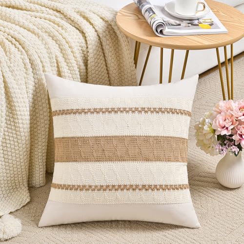Fancy Homi Set of 2 Boho Neutral Decorative Throw Pillow Cover 16x16 Inch for Couch Bed Sofa, Aesthetic Modern Organic Farmhouse Home Decor, Soft Cotton Cute Accent Macrame Woven Tan Cushion Case - color: Neutral, size: 16" x 16" (Pack of 2)