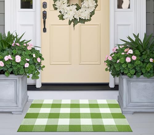 Green and White Front Door Mat 24"x35",Buffalo Plaid Front Porch Rug Cotton Woven Machine Washable Reversible Farmhouse Layered Doormat for Patio,Entryway,Bedroom,Bathroom - color: Green White, size: 2' x 2'11" (Rectangular)