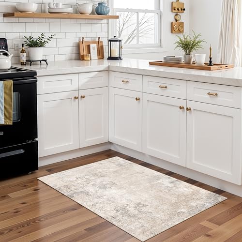 2x3 Washable Non-Slip Rug – Modern Abstract Neutral Small Throw Area Rug for Kitchen, Entryway, Bedroom – Soft Low Pile Thin Indoor Door Mat (Beige Grey, 2x3) - color: Beige Grey, size: 2' x 3' (Rectangular)