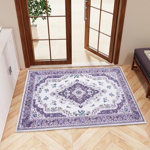HOMORE Area Rug 2x3 Small Rugs for Bedroom, Purple Floral Rug for Entryway, Faux Wool Non Slip Washable Low Pile Indoor Doormat for Entance Kitchen Bedside, Lavender Vintage Rug for Room Decor - color: Purple, size: 2' x 3' (Rectangular)