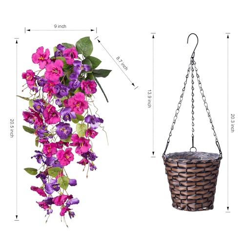Artificial Fake Hanging Hibiscus Flowers Plants Baskets for Outdoor Outside Spring Summer Decoration, Faux Silk Hibiscus Long Vines in Planter UV Resistant Realistic Flowers (PurpleDarkPurple) - color: Purpledarkpurple