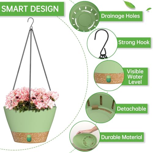 ZMTECH 2 Pack 10 Inch Hanging Baskets for Plants Outdoor Indoor, Modern Green Planters with Water Level Window & Metal Chain for Balcony Patio Garden Home Decor - color: Green, size: 10 Inch