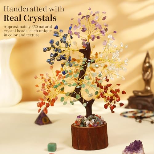 Crystal Tree of Life with Chakra Stones - Healing Crystals Decor for Desk & Home, Housewarming Gifts for New Home, Unique Birthday Gifts for Women, Sisters, Friends (7 Chakra Tree Wooden Base)