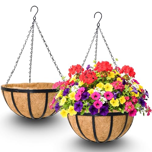 2 Pack 12 Inch Hanging Baskets for Plants Outdoor Metal Hanging Planters Round Hanging Flower Pots with Coco Coir Liner Plant Holder for Outdoor Patio Garden Balcony Decor - Flat Iron - color: Flat Iron