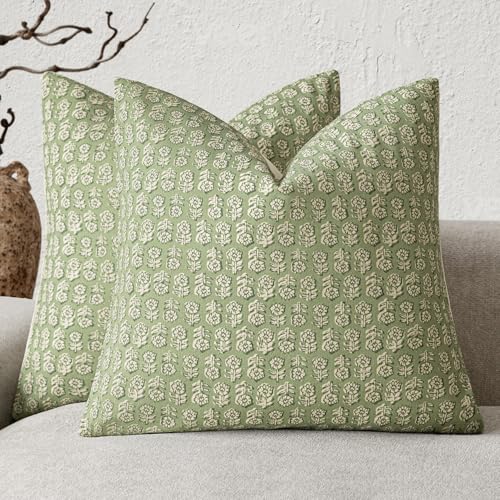 Foindtower Set of 2 Decorative Vintage Floral Print Throw Pillow Covers Neutral Modern Farmhouse Cushion Covers Boho Home Decor for Sofa Chair Couch Bedroom Living Room Outdoor,18×18 Inch,Lime Green - color: Lime Green, size: 18" x 18" (Pack of 2)