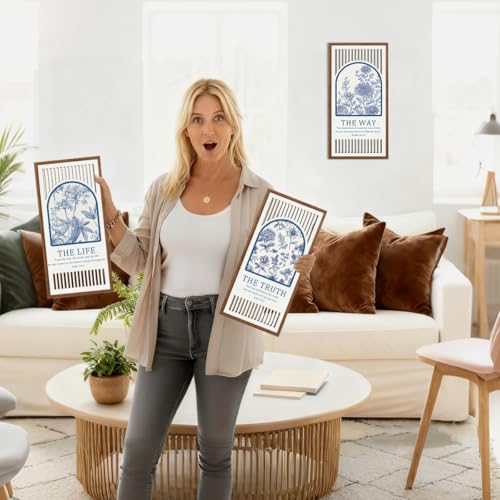 BINCUE Jesus Wall Art Flower,Christian Bible Wall Art Florals,Bible Verse Artwork,Blue White Flower Hanging Decor,Modern Scripture Wood Wall Decor for Living Room Bedroom Home 8x16 Inch Set of 3 ﻿ - color: Bule & White