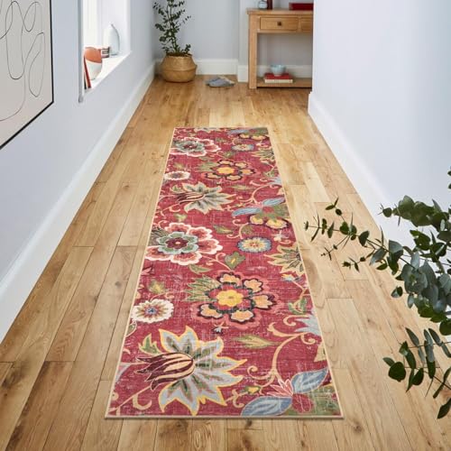 Beeiva Floral Washable Runners for Hallways Non Slip, 2x8 Red Long Hallway Runner Rugs with Rubber Backing, Ultra Thin Christmas Vintage Kitchen Rugs Non Skid for Entryway Bathoom (Red,2'x8') - color: Red, size: 2' x 8' (Rectangular)