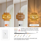 MODIVO 3-Light E12 Boho Rattan Chandelier, 12.6 Inch Hand Woven Farmhouse Pendant Light for Kitchen Island, Dining Room, Bedroom, Rustic Hanging Lamp, Living Room, Entryway, Foyer