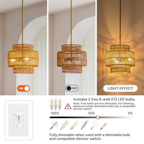 MODIVO 3-Light E12 Boho Rattan Chandelier, 12.6 Inch Hand Woven Farmhouse Pendant Light for Kitchen Island, Dining Room, Bedroom, Rustic Hanging Lamp, Living Room, Entryway, Foyer