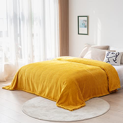 DISSA Fleece Blanket Queen Size – 90x90, Yellow - Soft, Plush, Fluffy, Fuzzy, Warm, Cozy – Perfect Throw for Couch, Bed, Sofa - with Pompom Fringe - Flannel Blanket - color: Yellow, size: 90x90"