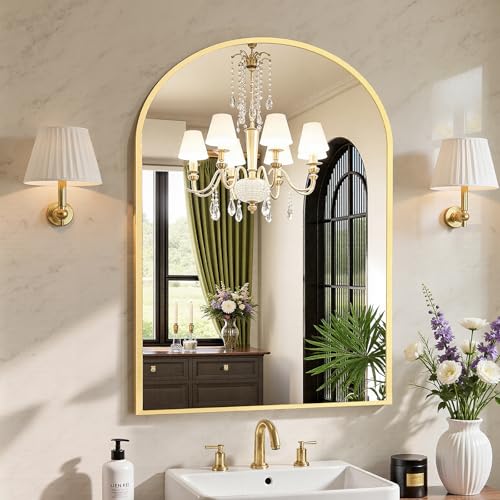 Sweetcrispy 38"x30" Arched Gold Bathroom Mirrors for Wall, Bathroom Mirrors for Over Sink, Metal Framed with HD Shatter-Proof Glass for Entryway, Living Room, Bedroom, Home Decor - color: Gold, size: 30"L x 38"W