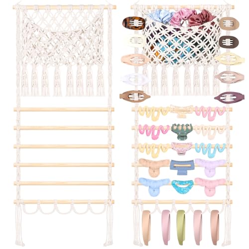 SNOWSTAR Macrame Hair Claw Clip Organizer,Large Capacity Mesh Bag Scrunchies Holder and Hair Ties Organizer for Women Girls,Hair Accessorie Hanging Storage Home Decor Wall,Door - color: Hook
