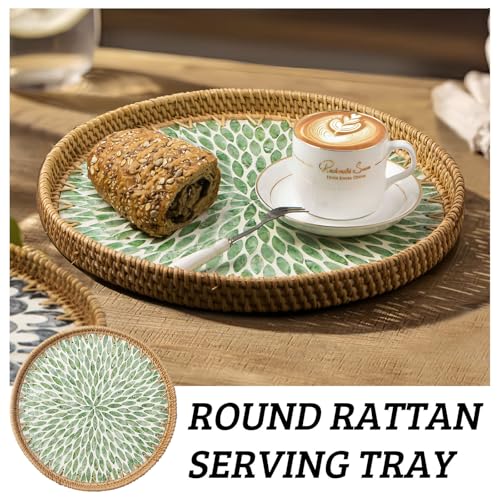 Round Rattan Tray with Mother of Pearl Inlay, Decorative Wicker Serving Tray with Wooden Base, Woven Basket Trays for Bread Fruits Coffee, Leaf - color: Leaf