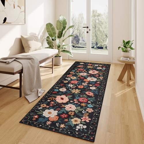 DUKINO 2x6 Runner Rug for Hallway, Washable Kitchen Runner Rug with Non Slip Backing, Low Pile Soft Boho Floral Runner for Kitchen, Hallway, Entryway, Laundry, Bedroom, Black - color: Black, size: 2' x 6' (Rectangular)