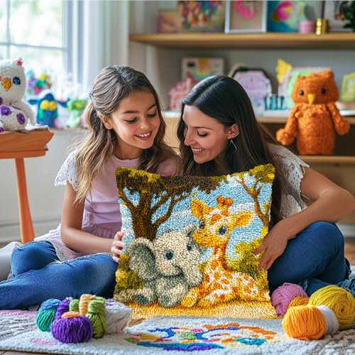 Generic DIY Latch Hook Pillow Kits Cute Elephant and Giraffe Printed Pillowcase Crochet Yarns Hooking Handmade Pillow Cover Cushion for Home Sofa Decoration 17x17inch-4 - color: 03-Giraffe