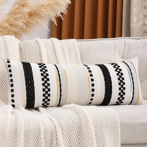 Boho Lumbar Throw Pillow Cover 14x36 Long Body Lumbar Decorative Pillow Case Accent Chenille Striped Pillowcase Farmhouse Cushion Case for Home Decor Beige and Black (1 Piece) - color: Black Stripe, size: 36" x 14" (Pack of 1)