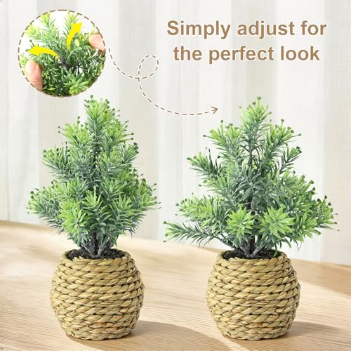 Small Fake Potted Plants: 9 Inches Artificial Plants with Seagrass Handwoven Planters, Indoor Farmhouse Decorations, Eucalyptus Plant for Home Bathroom Office Shelf Tabletop Desk Room Decor
