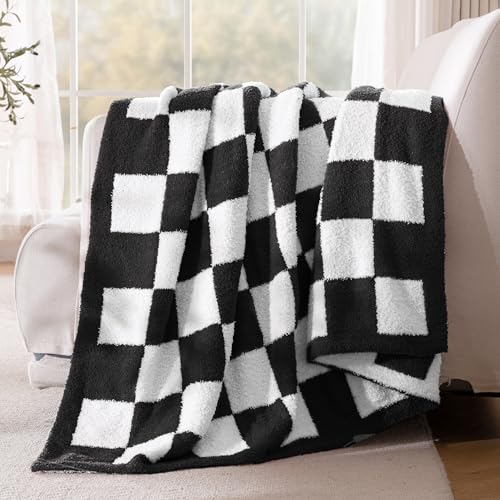 Exclusivo Mezcla Checkered Knit Throw Blanket, Ultra Soft and Warm Reversible Woven Blankets, Cozy Snuggly Throw for Couch Bed and Home Decor, Black, 50"x60" - color: Black, size: Throw (50"x60")