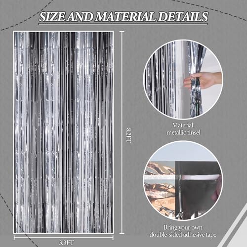 DECOCKRAT 3 Pack Foil Fringe Backdrop - Black&Silver Shiny Tinsel Curtains for Party Decoration/Photo Booth Props - 3.3x8.2 FT Metallic Foil Backdrop for Birthday, Wedding, Graduation, Christmas. - color: Black&Silver