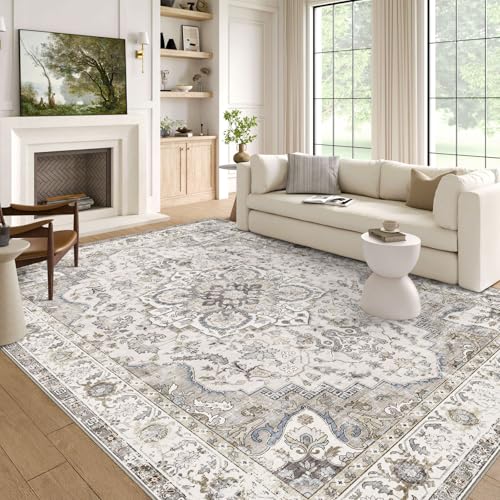 LUXRUG 6x9 Area Rug for Living Room - Large Oriental Washable Rugs for Bedroom Non-Slip Cream Stain Resistant Dining Room Rug Farmhouse Low-Pile Carpet Soft Vintage Rug for Office Guest Room - color: Cream / Blue, size: 6' x 9' (Rectangular)