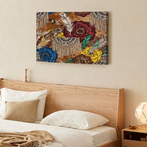 Boho Feather Fringe Art Wall Art Decor Framed 18x12 Inch, Wall Decor Poster for Bedroom Living Room Office Decor (Wooden Inner Frame) - size: 18"L x 12"W
