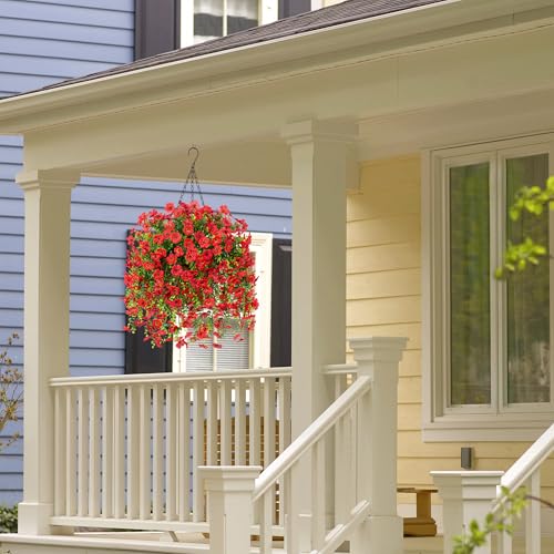 Ammyoo Artificial Fake Hanging Flowers with Basket for Outdoor Spring Decoration, Faux Silk Daisy Flower Real Touch Hanging Plants UV Resistant for Outside Porch Patio Garden Yard Home Decor(Red) - color: Red