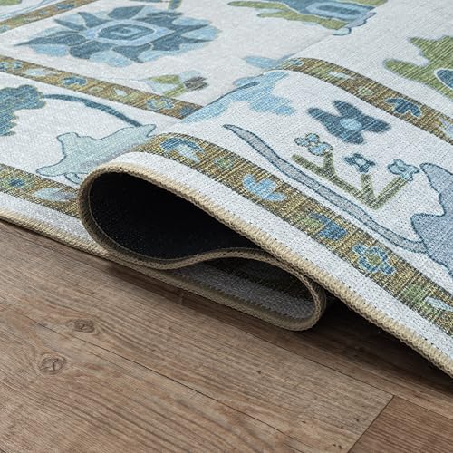 Fame Living Green Oushak Rug, Modern, Vintage, Turkish, Eclectic, Floral, Pastel, Washable, Area Rugs for Living Room, Dining, Bedroom, Office, Entryway, Foyer, Playroom, Nursery, 5'x6'9" - color: Cream Green, size: 5' x 6'11" (Rectangular)