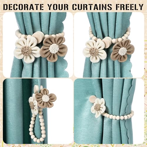 2 Pcs Beaded Sunflower Magnetic Curtain Tiebacks Boho Wooden Curtain Tie Backs for Farmhouse Curtains Holders for Bedroom Decor Baby Nursery Decor for Home Office (Linen,Boho Style) - style: Boho Style
