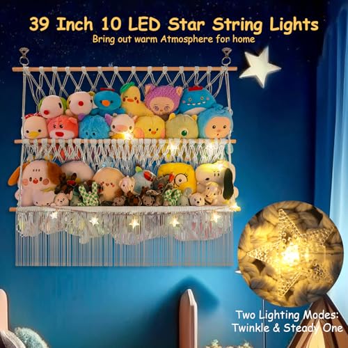 2 Tier Stuffed Animal Storage Shelf Net, 35x30'' Large Plushie Net w/ 2.4/1'' Dense Mesh for Mini Medium Stuffy Teddy, Beige Boho Macrame Toy Holder Display w/ Lights&Clips for Nursery Kid Girl Boy - color: Beige, size: Large-2 Tier-35x30 Inch