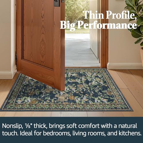 jinchan Eden Floral Area Rug 2x3 Entryway Vintage Washable Indoor Doormat Accent Rug Lightweight Soft Small Non-Slip Low Pile Distressed Blue Green Carpet for Entrance Kitchen Bedroom Bathroom - color: Eden Dark Blue, size: 2' x 3' (Rectangular)