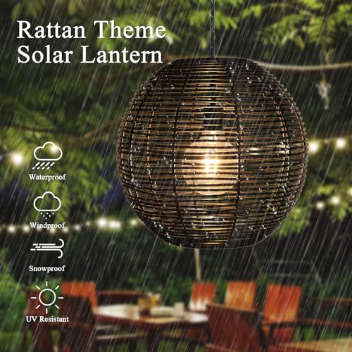 Ranttan Outdoor Chandelier, 12" Outdoor Pendant Lights Rattan Solar Hanging Lights Large Rattan Ceiling Light with Remote 4 Modes Lighting Waterproof Lighted for Garden Porch Patio Kitchen, Black - color: Black