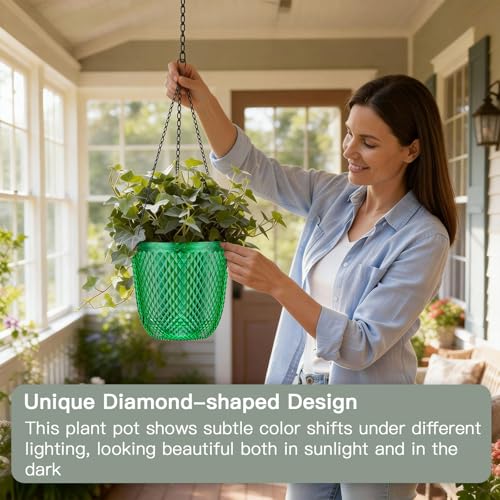 QCQHDU Hanging Planters for Indoor Plants, 2-Pack, 5.7 Inch, Emerald | Plastic, Self Watering Plant Hanger, with Drainage Holes, 3 Hooks Chains, For Garden Home - color: Emerald, size: 5.7in