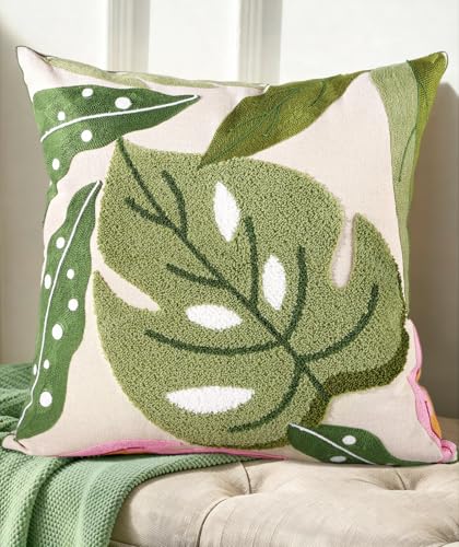 Embroidered Throw Pillow Cover - 18x18 Decorative Pillow Cover with Zipper Aesthetic Cute Design Boho Spring Summer Throw Pillowcase for Living Room Couch Sofa Bed, Monstera Leaves - color: Monstera-leaves, size: 18" x 18" (Pack of 1)
