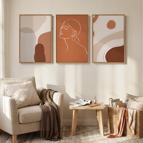 Framed Mid Century Modern Boho Wall Art for Living Room, 3 Piece Abstract Minimalist Line Canvas Artwork for Walls, Large Terracotta Tones Prints Paintings for Bedroom Hallway Wall Decor, 16x24 Inch - color: Brown, size: 24" H x 16" W x 3Pcs
