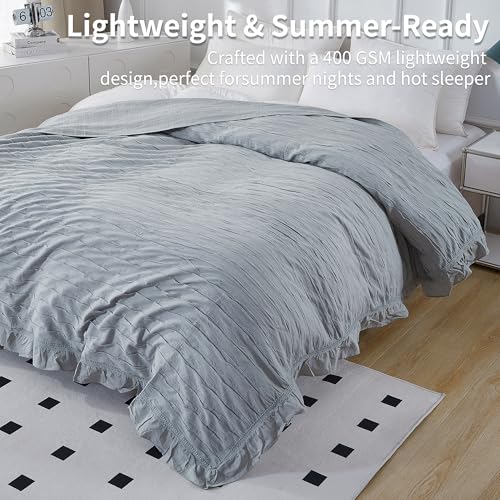100% Organic Cotton Muslin Blanket with Ruffled Edges Soft Pleated Crinkle Bedspread for Twin & Queen Size Bed Breathable Lightweight Stylish Cotton Throw Decorative Home Gift - color: Mist Gray Ruffle Crinkle, size: Twin(60" x 80")