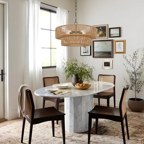 21.6 Inch Boho Rattan Chandelier, 5-Lights Hand Woven Bohemian Chandeliers with 2-Tier Drum Wicker Shade, Modern Farmhouse Large Pendant Light Fixture for Dining Room Living Entryway Bedroom - color: Matte Black Metal, size: 21.6 Inch