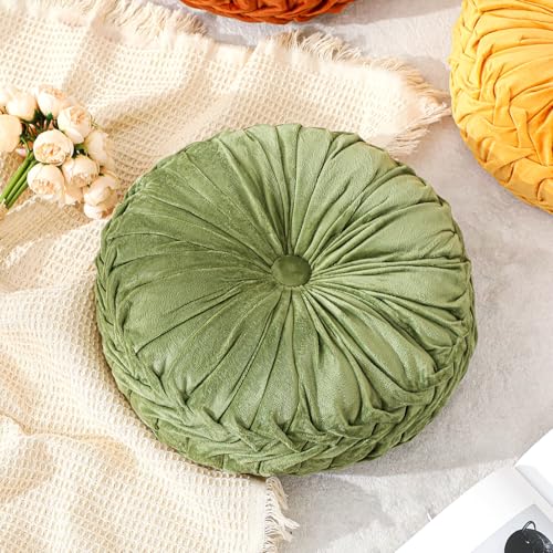 Drydiet 1 Pcs Round Throw Velvet Pillows Decorative Pleated Throw Pillows Diameter Accent Pumpkin Boho Chair Cushion for Couch Sofa Home Decoration (Olive Green,15'') - color: Olive Green, size: 15''